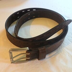 Vintage Brown Premium Leather Double Prong Silver Buckle Belt Sz.2X